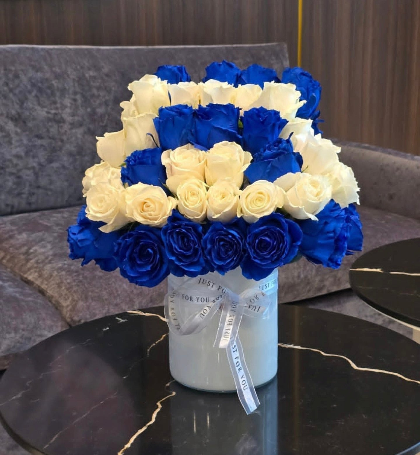 Funeral blue and white arrangement