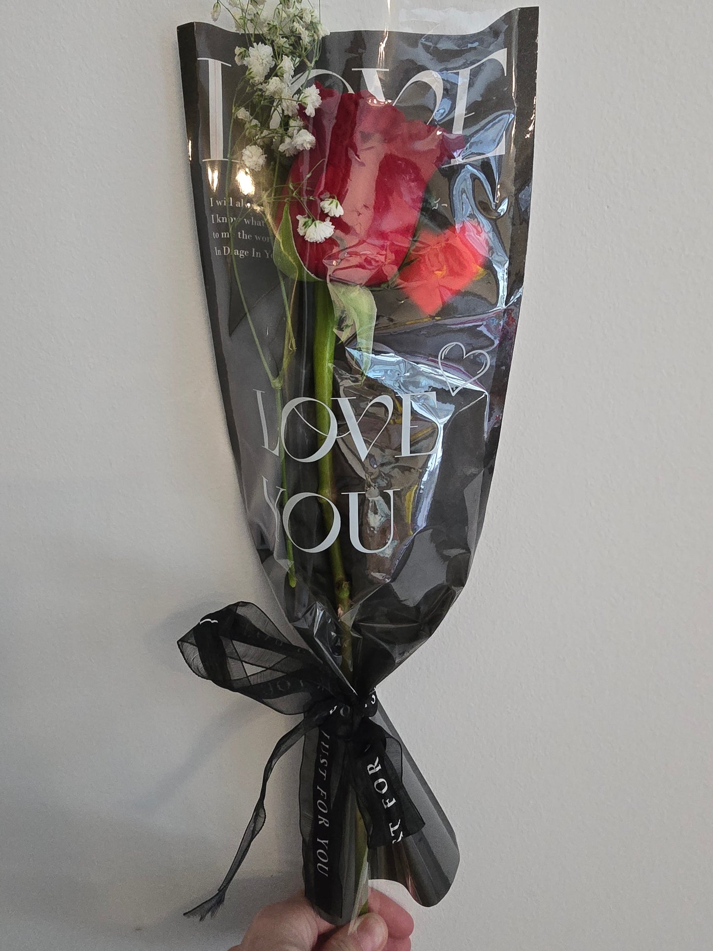 Single Rose wrapped in baby's breath