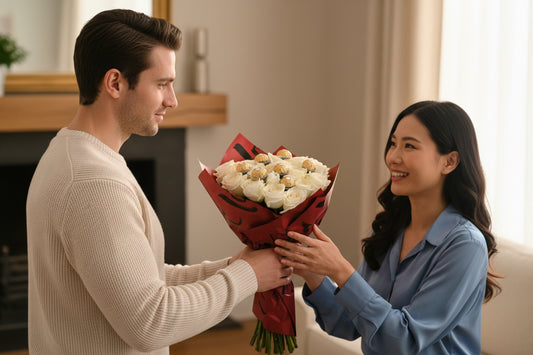 Bouquet of 12 white roses with 6 chocolates