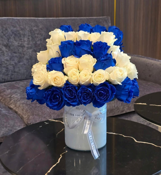 Funeral blue and white arrangement