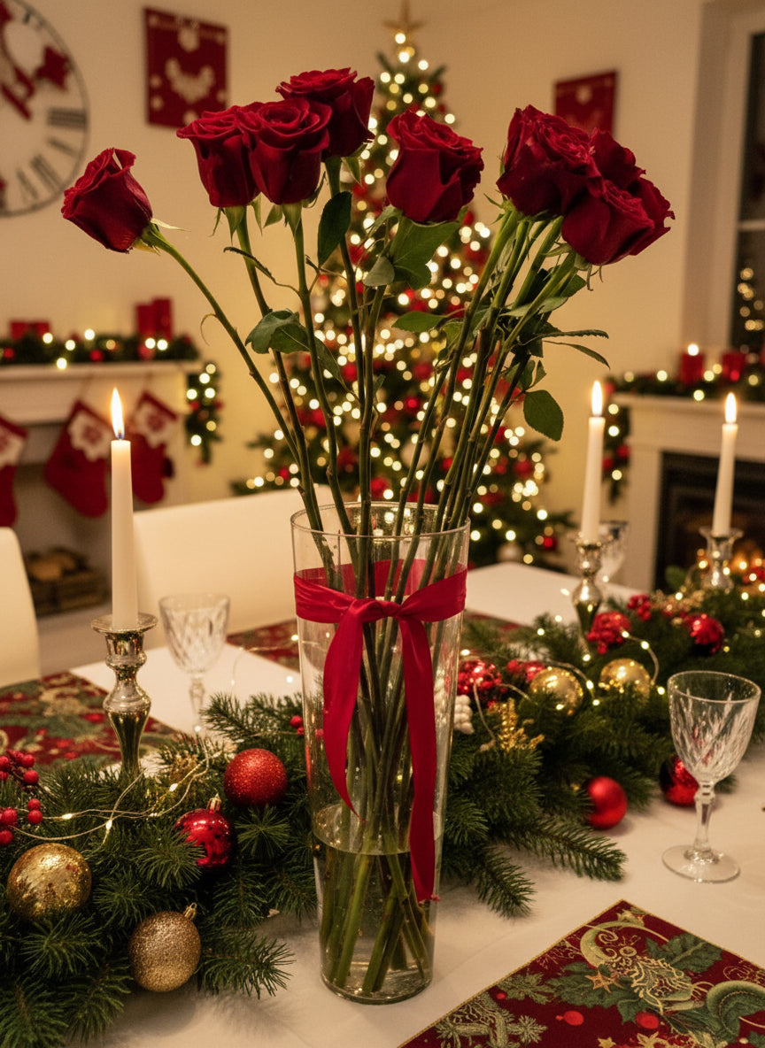 12 long stem roses in vase